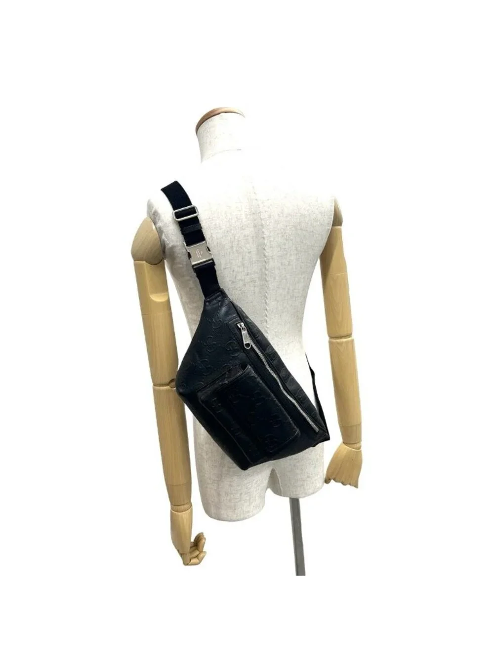 Gucci GG Pattern Embossed Perforated Leather Belt Bag Waist Pouch Black